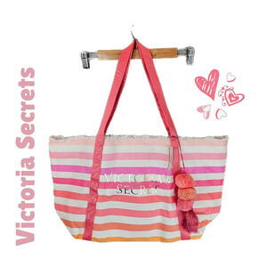Victoria Secrets Tote Bag Womens Large Pink Ivory Stripe Open Top Beachy Boho